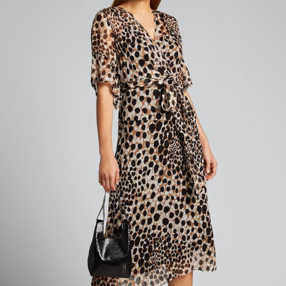 NWT Elie Tahari Women's Brown Leopard V-Neck Chiffon Ruffle Belted Silk Dress